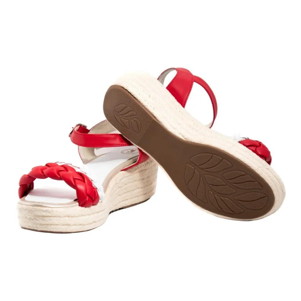 Red & White Braided Espadrille Wedge Sandal
